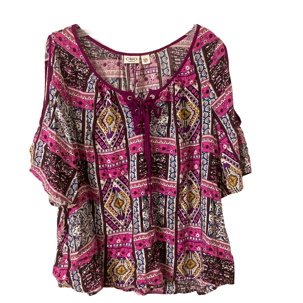 CATO Women’s Patchwork Print Pullover Front Tie Cold Shoulder Blouse